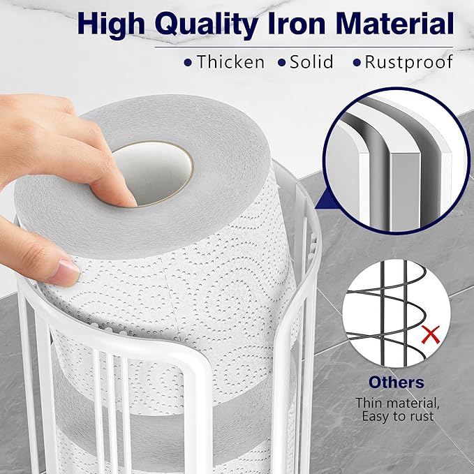 Toilet Paper Holder Stand, Freestanding Bathroom Tissue Organizer, Minimalistic Storage Solution, Reserve Mega Rolls,Stylish Bathroom Floor Toilet Paper Stand-White