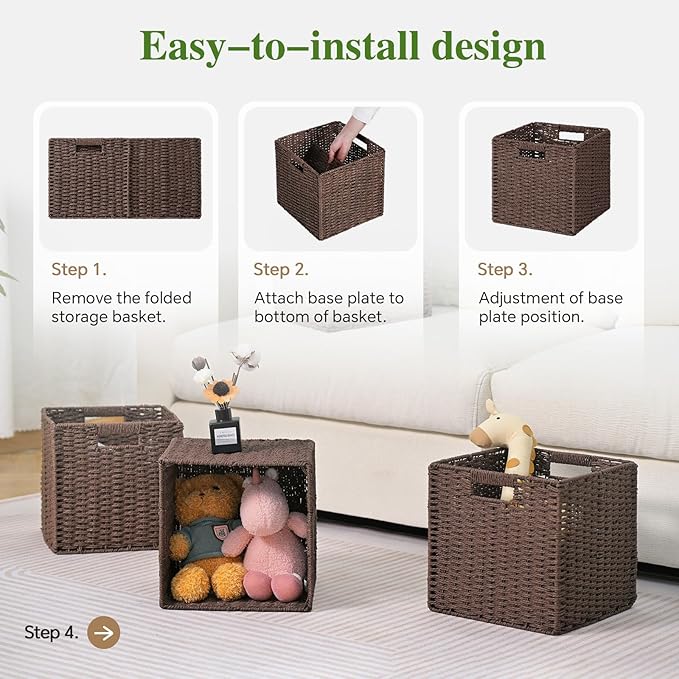 Woven Wicker Storage Baskets 2-Pack, 11x11 Handwoven Paper Rope Organizer Bins, Foldable Cube Storage Cubes with Built-in Handles for Shelves and Closet Organization(Dark Brown）