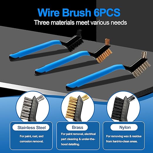 Mini Wire Brush Set 6Pcs - Nylon/Brass/Stainless Steel Bristles with Curved Handle Grip for Rust, Dirt & Paint Scrubbing with Deep Cleaning