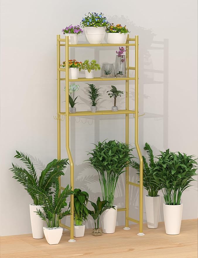 3-Tier Over The Toilet Storage, Freestanding Metal Bathroom Shelves with 4 Hooks, Over Toilet Storage Shelf with Paper Holder, Above The Toilet Shelf for Bathroom Storage, Gold
