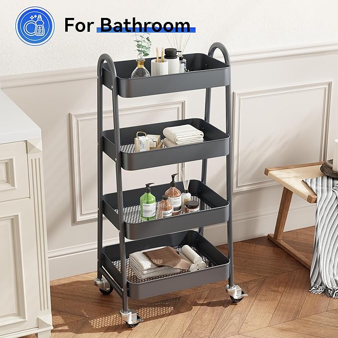 OLIXIS 4 Tier Utility Rolling Cart, Metal Mobile Storage Shelf with Lockable Caster Wheels, Organization for Livingroom, Bathroom & Narrow Places, 4-Tier Gray