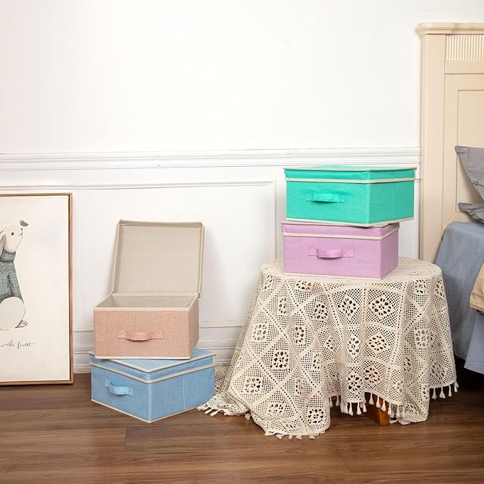 Storage Bins with Lid, Foldable Clothing Storage Box case with Handle for Closet, Bedroom, Home, 4 Color Set B, 13L x 12.5W x 7H inch