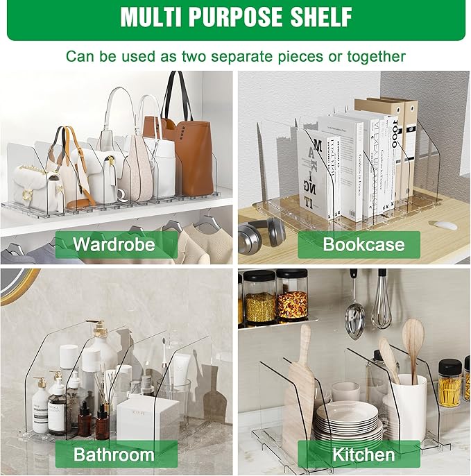 Bag & Purse Organizer for Closet, 4 Sets Adjustable Clear Handbag Storage Shelf, Plastic Clutch Dividers for Closet Organizers and Storage-Keep Purses upright (4 Sets)