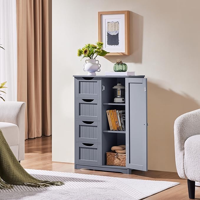 Yaheetech Bathroom Floor Cabinet, Freestanding Storage Organizer Unit Kitchen Cupboard W/ 4 Drawers & Adjustable Shelves, Using for Kitchen/Bathroom, Gray