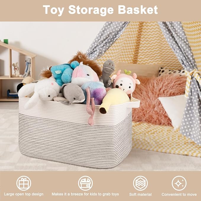 OIAHOMY Extra Large Blanket Basket, 95L Woven Storage Basket, Cotton Rope Toy Bin for Baby Room, Container for Storage in Living Room, 24''×17''×14'', Black & White