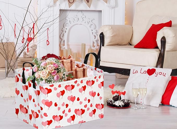 Empty Gift Basket for Girls Heart Print Storage Cube for Women, Closet Shelf Waterproof Organizer Bins with Handles Waterproof Nursery hamper Kids Toys Books Box Room Deco