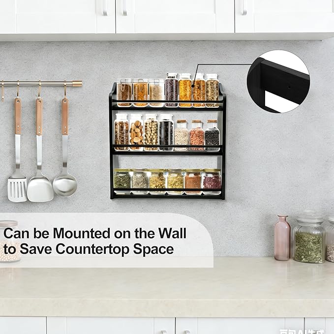 3 Tier Bamboo Spice Rack,Seasoning Jars Rack Shelf Spice Organizer for Kitchen Counter or Wall Mounting (Black)