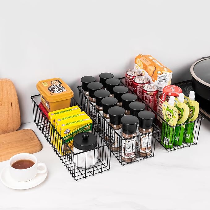Wetheny Black Wire Hanging Storage Basket (6 Pack- Metal Toilet Paper Storage Basket - Wire Baskets for Organizing Garage,Kitchen,Bathroom,Drawer