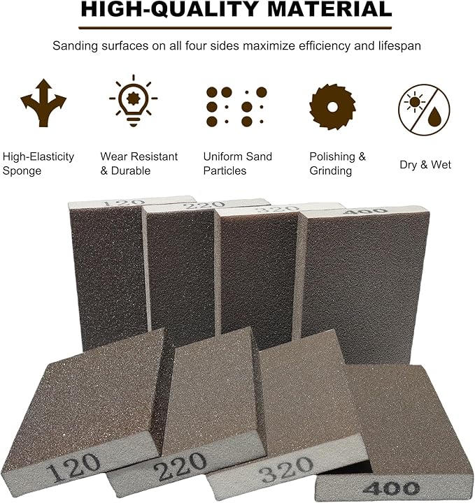 8 Pack Hand Sanding Sponge Set -120 220 320 400 Grit- Coarse Medium Fine Grit Sanding Block, Sander Sponges for Wood-Working Drywall Metal, Washable and Reusable Sponge for Rust Removal Polishing