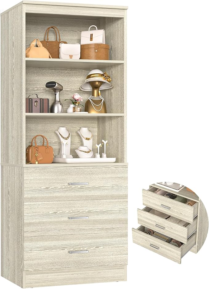 Aheaplus 23.6" Closet Drawers System, Wood Closet Organizer System with 3 Drawers, Modular Small Walk-in Closets Storage Unit, White Oak1 (23.6"L x 13.8" W x 71" H)