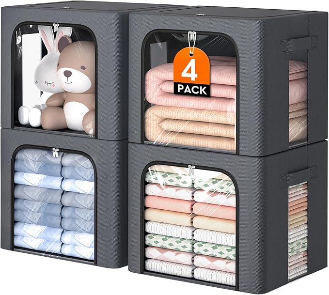 4 Pack Clothes Storage Bins with Metal Frame, 40L Foldable Fabric Storage Boxes with Clear Window, Front & Top Zipper Openings, Stackable Organizer Bins with Handles for Closet & Bedroom (Light Grey)