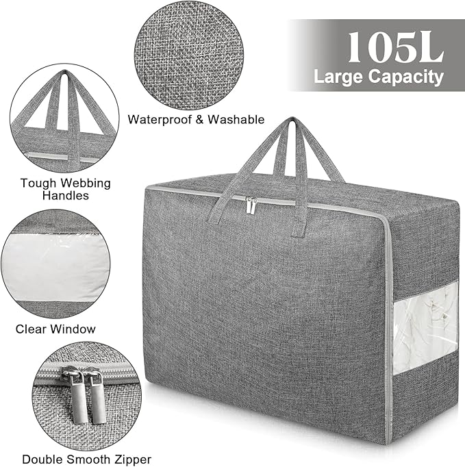 4Pack 105L Extra Large Storage Bags, Folding Moving Comforter Blanket Storage Bags Closet Organizers and Storage Containers for Clothes with Strong Handles&Zippers Clear Window for Bedding Pillow Grey