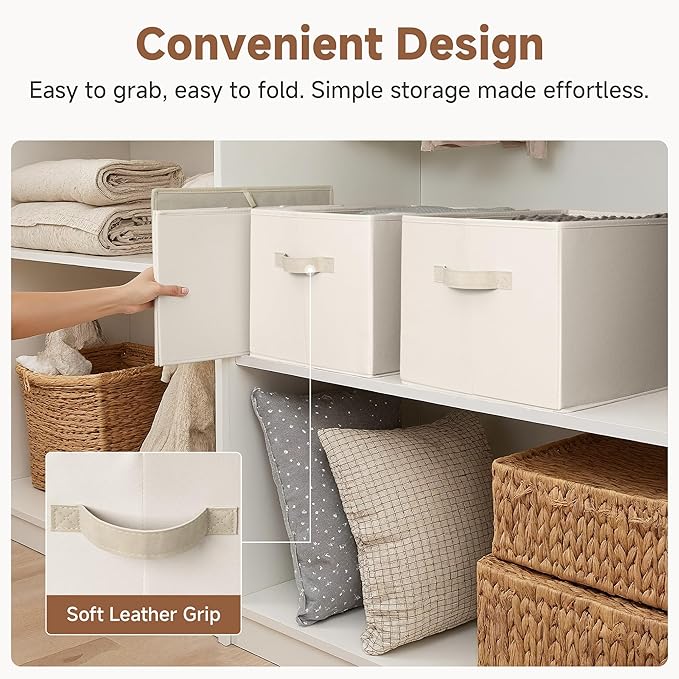 StorageWorks Fabric Closet Organizers and Storage Bin, Foldable Shelf Baskets for Organization and Storage, Beige, 3-Pack, Extra Large