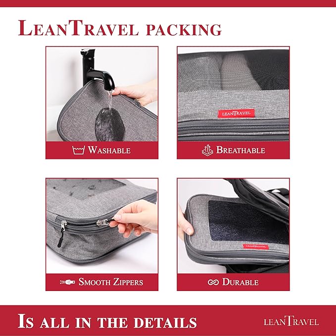 LeanTravel Compression Packing Cubes for Travel Organizers with Double Zipper 4 pack - Grey