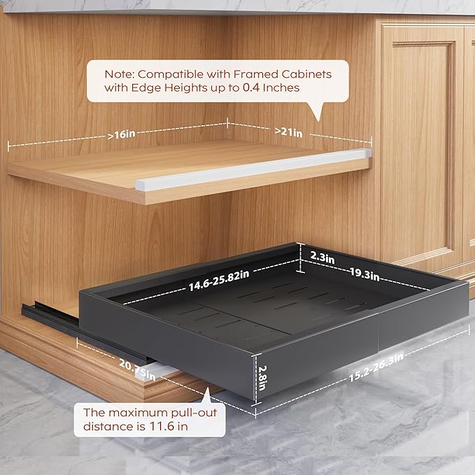 4 Pack Pull Out Cabinet Organizers 21" Deep With Raising Pad for Framed Cabinets, Expandable Width (15.2"-26.3") Slide Out Drawers Upgrade 3 Slide Rails, Roll Out Shelves Adhesive, Black