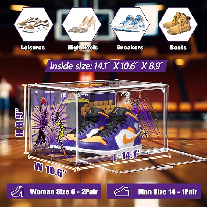 Acrylic Shoe Box Display Transparent Basketball Sneaker Shoe Orgainizer Storage Bins Clear Plastic Stackable Handbag Purse Hats Organizer Containers with Lids, 1Pack Size 14