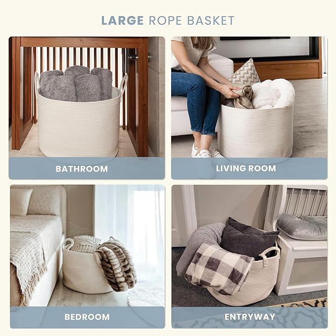 OrganiHaus Large Woven Storage Basket for Blankets and Toys 20" x 13" Inch, Rope Laundry Basket with Handles, Cushions & Pillows Storage Bin, Nursery Hamper, Soft Round Dog Toy Bin - Off-White