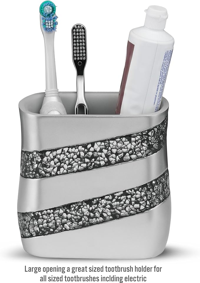 Creative Scents Silver Mosaic Toothbrush And Toothpaste Holder For Bathroom - Decorative Bathroom Toothbrush Holder, Family Toothbrush Cup With One Large Opening To Hold Multiple Toothbrushes At Once