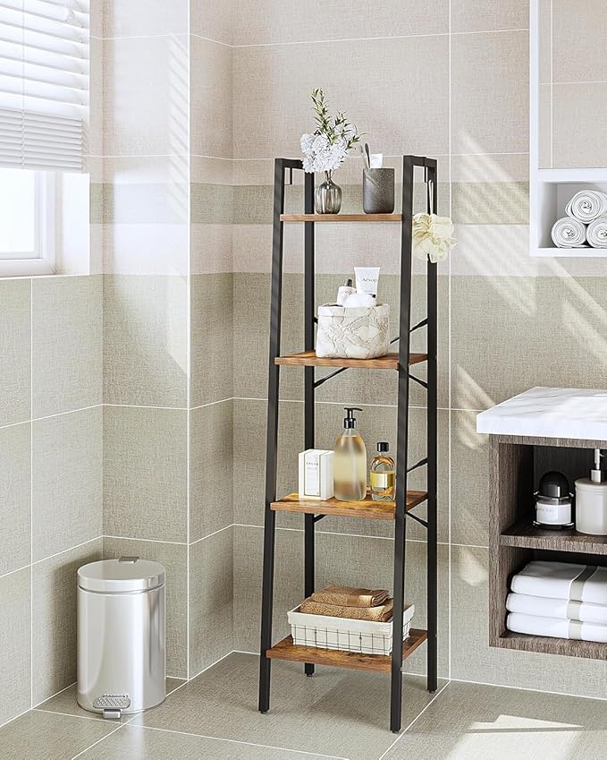 Ladder Shelf, Bookshelf Bookcase, Freestanding Corner Storage Shelve with 2 Hooks for Home Office, Living Room, Kitchen, Bedroom, Industrial, 11.8"D x 13.4"W x 47.2"H, Rustic Brown BC13201B