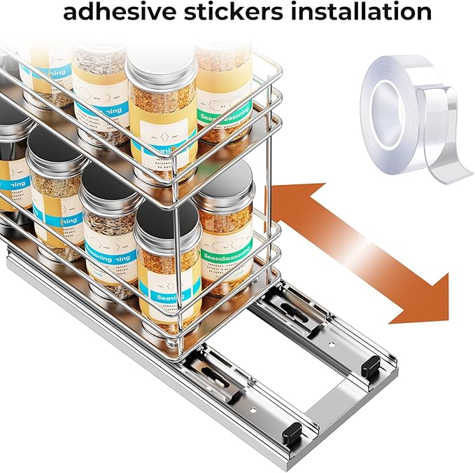 Pull Out Spice Rack Organizer for Cabinet, Slide Out Spice Racks, Easy to Install, 4.33" Wx10.43 Dx8.66 H, 1 Drawer 2 Tiers(Silver)