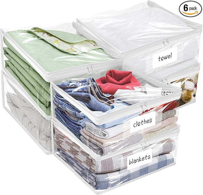 Plastic Storage Bags with Easy-Glide Zipper, Pack of 6, Durable Clear Vinyl Zippered Storage Bags for Clothes Sweaters Comforters Blankets Sheets Bedding (21.6 x 13.7 x 12.4 Inch)