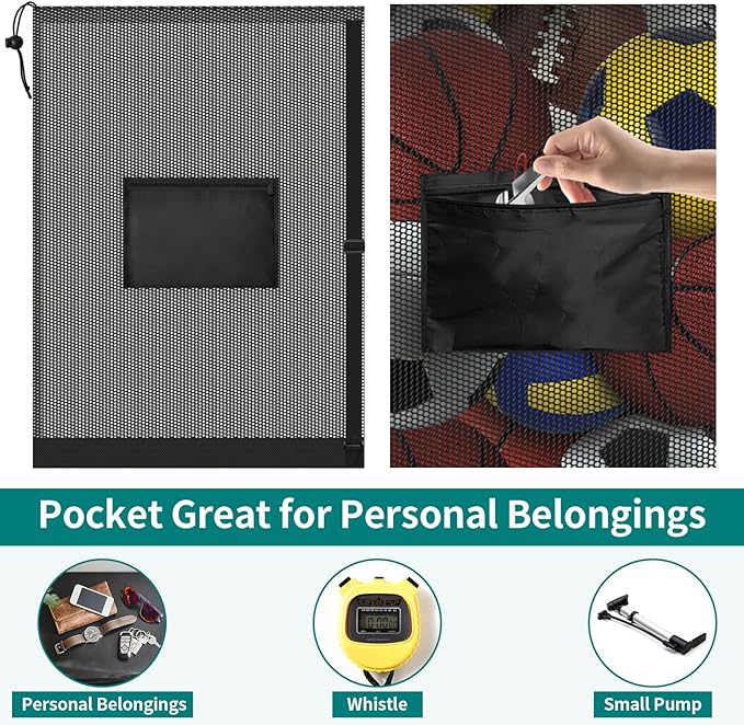 Extra Large Soccer Ball Bag, 40" x 30" Drawstring Mesh Ball Bag with Pocket, Heavy Duty Sport Net Sack for Coaches, Storage Bag for Basketball, Volleyball, Gym Equipment, Swimming Gear