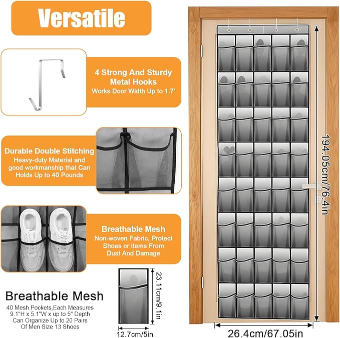 Lemecima 2 Pack 40-Pocket Over the Door Shoe Organizer - Large Mesh Pocket Hanging Shoe Organizer,Behind the Door Shoes Storage Holder Hanger,Large Capacity Design for Dorm Room College