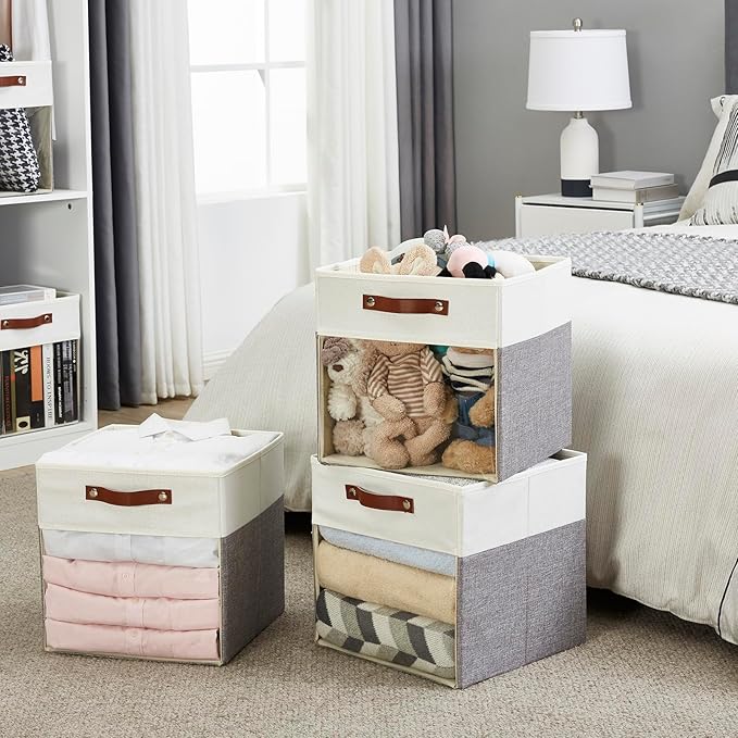 Storage Cubes, 4 Pack Linen Foldable Storage Bins with Clear Window and 2 Handles, 13x15x13 Storage Cube Bins for Shelf Closet, Kallax, Clothes, Books - (Gray and White)