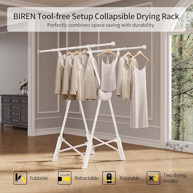 BIREN Clothes Drying Rack Heavy Duty Clothing Racks Foldable Laundry Rack Two Drying Modes Garment Racks for Drying Clothes, Adjustable Length from 32-55 Inches for Indoor Outdoor Use