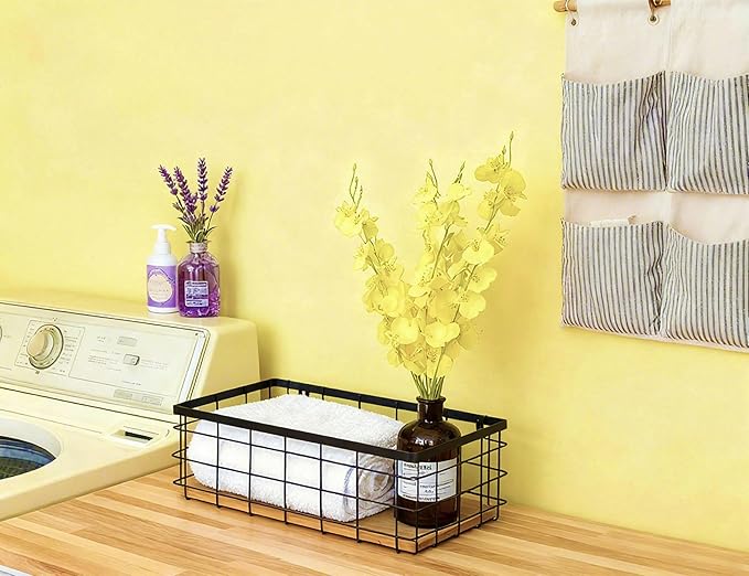Metal Wire Basket Detachable Wood Base Storage Organizer Farmhouse Hanging Basket for Kitchen Cabinets, Bathroom, Pantry, Laundry Room,1 Pack in Black Color,Size Big