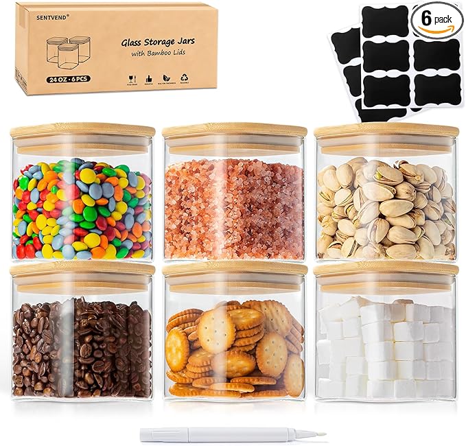 24 Oz Glass Storage Jars with Bamboo Lids - 6 Pack Clear Glass Canisters Square Airtight Stackable Ideal for Pantry Storage Containers Organizers Great for Storing Oats Coffee Beans Nuts etc