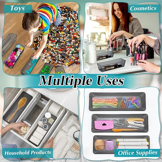 Maitys 12 Pcs Clear Drawer Organizer 9 x 3 x 2 Inches Plastic Rectangle Trays Makeup Vanity Storage Bins and Kitchen Drawers Dividers for Office Desk Silverware Kitchen Utensils(Black)