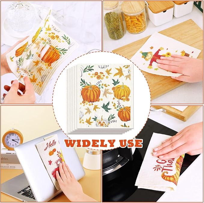 6 Pcs Swedish Kitchen Dish Towels Kitchen Cloths Reusable Sponge Cleaning Cloths Absorbent Dish Cloth Quick Drying Washable Cleaning Wipes No Odor Hand Towel (Thanksgiving)