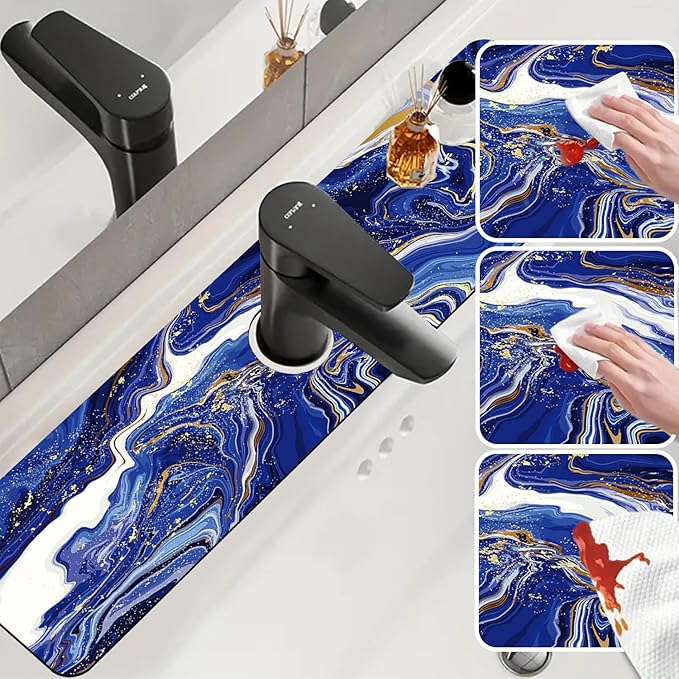 Sink Faucet Absorbing Mat Blue Gold Marble Sink Splash Guard Drying Mat for Kitchen Bathroom Faucet Sinkmat 23.5"X5.5"
