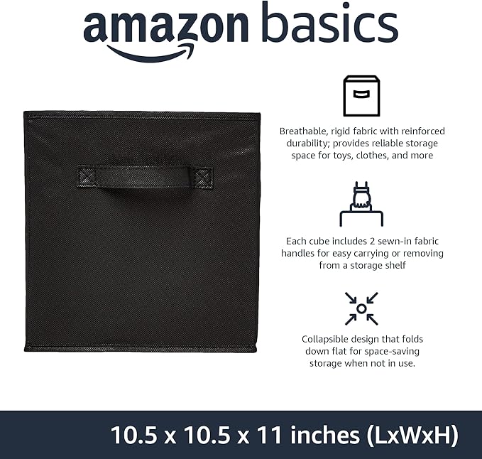 Amazon Basics Collapsible Fabric Storage Bins Organizer with Handles, Sturdy, Foldable, 10.5" x 10.5" x 11", Black, 6-Pack