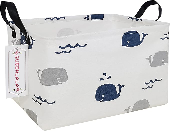QUEENLALA Rectangular Laundry Hamper/Foldable Nursery Laundry Basket for Organizing/Storage Bin Baskets/Children Toy Office Bedroom/Toy Bin Closet Shelf Rec-Blue Cute Whale）