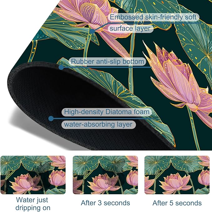 Lotus Pond Pattern Sink Splash Guard Faucet Mat Lotus Flowers Leaves Super Absorbent Fast Drying Mat Sink Gadgets-Splash Guard Behind Faucet Drip Catcher for Kitchen Bathroom, 15.5"x5.5"