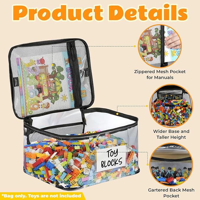 6-Pack Extra Large Toy Storage Bags with Zippers & Labels, Reusable Clear TPU Waterproof Organizer for Kids Toys, Building Blocks, Puzzles, Dolls, Board Games - Durable, BPA-Free, Travel-Friendly