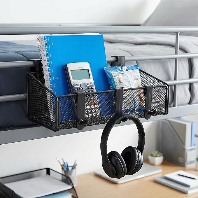 Bedside Caddy Shelf Hanging Storage Basket for Bunk Bed and Office Cubical Walls,Baby Bed Rails,College Dorm Bed Organizer - 5 Pairs Sized Hooks-for Phone Glass Magazine Decor (White)