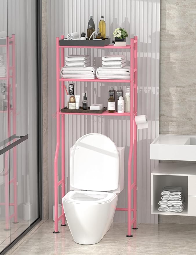 3-Tier Over The Toilet Storage, Freestanding Metal Bathroom Shelves with 4 Hooks, Over Toilet Storage Shelf with Paper Holder, Above The Toilet Shelf for Bathroom Storage, Pink