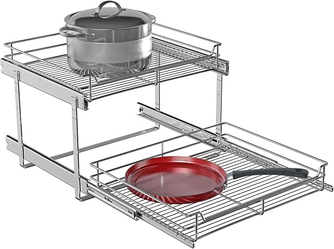 JOWBOOW 2-Tier Cabinet Pull Out Shelves (20" W x 22" D), Slide Out Shelves for Kitchen Cabinets, Metal Pots and Pans Organizer for Under Cabinet