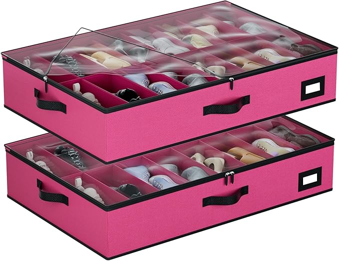 homyfort Under Bed Shoe Storage Organizer, 600D Material Underbed Shoes Storage Containers, set of 2, fits up to 32 Pairs of Shoes (Pink)