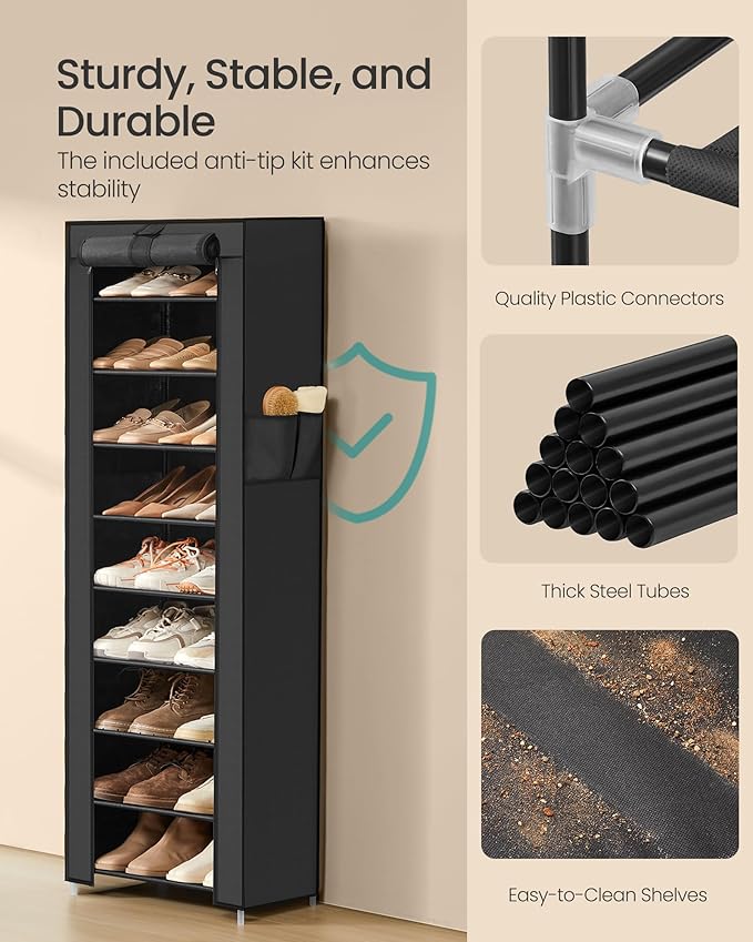 SONGMICS 10-Tier Shoe Rack, Shoe Storage Cabinet with Dustproof Cover, Free-Standing Storage Organizer for Closet, Entryway, Hold 20 Pairs of Shoes, for Sneakers, High Heels, Black URXJ034BH01