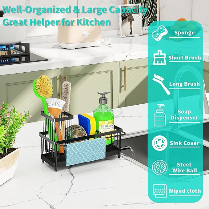 Godboat Sponge Holder for Kitchen Sink - Stainless Steel Sink Caddy Organizer with Towel & Brush Rack, Auto-Drain & 360° Swivel Spout, Bathroom Organizer for Soap Dispenser, Black (9.25" W X 4.1" D)