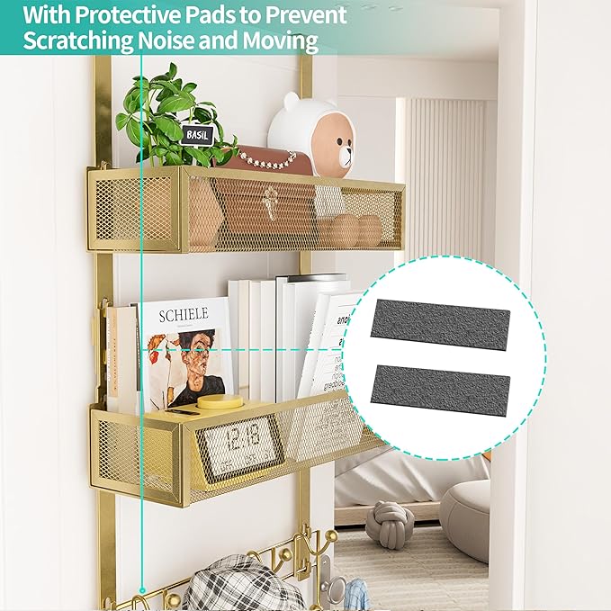 HapiRm Over The Door Hanger with Coat Hooks and 2 Baskets, Rustproof & Waterproof Over The Door Hooks, Storage Organizer for Hats, Bathroom, Kitchen, Bedroom - Gold