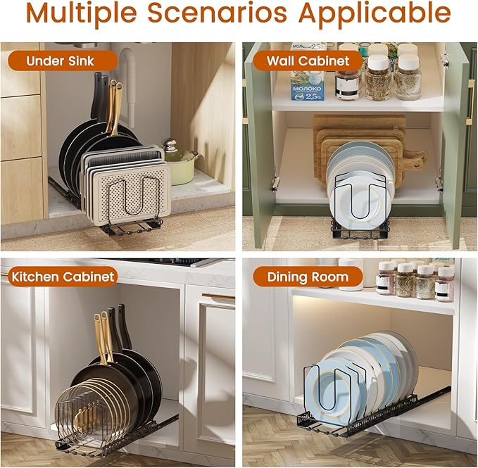 Housolution 2 Pack Pull Out Pot and Pan Organizer for Under Cabinet, Slide Out Pot Lid Organizer with 10 Adjustable Dividers, Sliding Pan Holder Storage Rack Inside Cabinet, Black