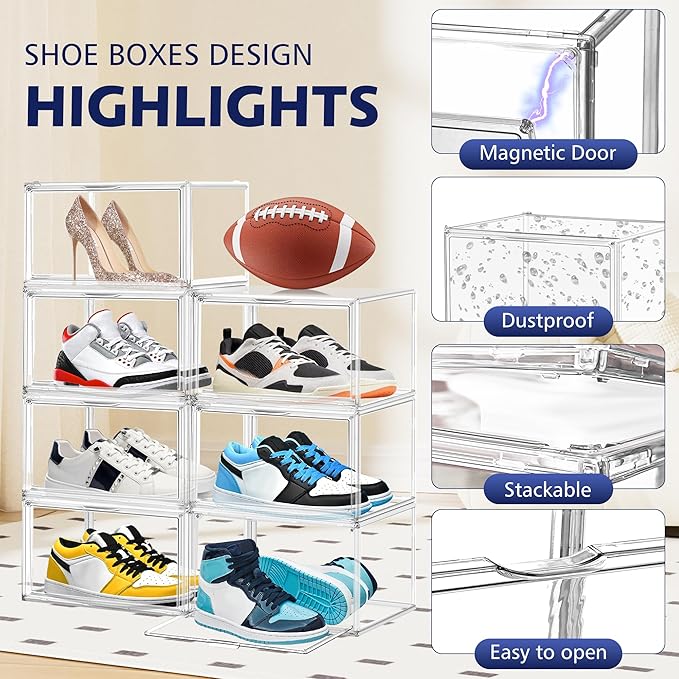 12 Pack Acrylic Clear Shoe Storage Boxes Size 12, Transparent Display Case for Sneaker Collections, Baseball Caps, Hat Organizer Dust-free Shoe Cubbies Stackable Sneaker Boxes