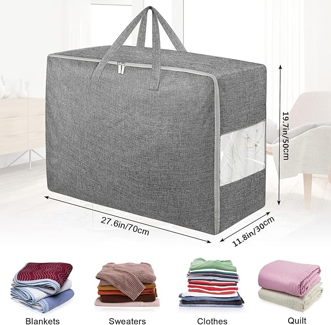4Pack 105L Extra Large Storage Bags, Folding Comforter Blanket Storage Bags Closet Organizers and Storage Containers for Clothes with Strong Handles&Zippers Clear Window for Bedding Pillow Black