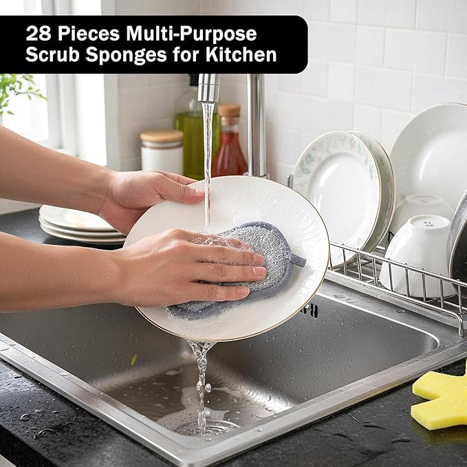 28 Pack Multi Purpose Kitchen Scrub Sponges, Non Scratch Reusable Dual Sided Microfiber Dish Sponge for Cleaning Pots Pans Dishes