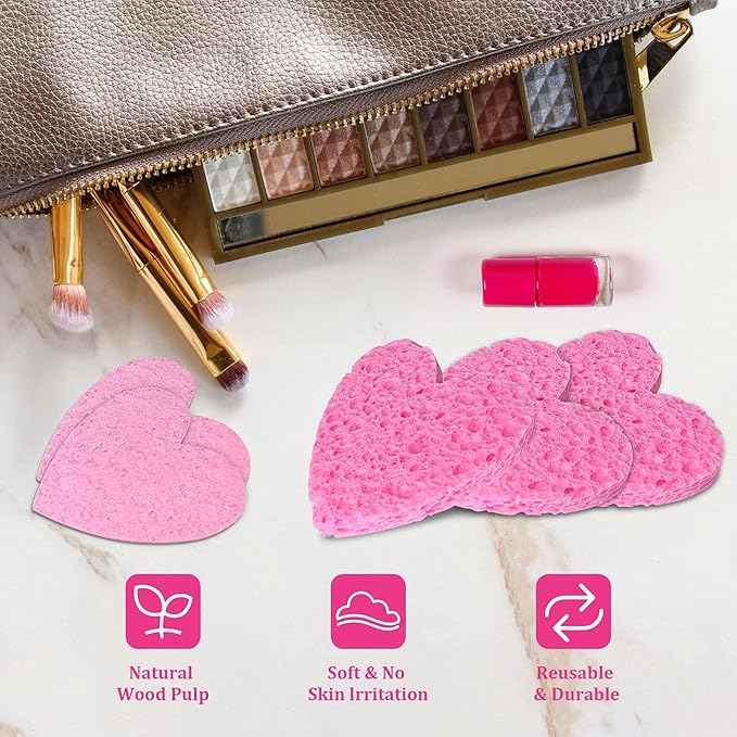 120-Count Kickleen Compressed Cellulose Heart Shape Facial Sponges | Natural Cosmetic Spa Sponges for Facial Cleansing | Exfoliating | Makeup Mask Removal | Reusable | Skin Massage (120 Count (Pink))